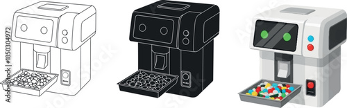 Set of three robot icons line art solid black and full color with a tray of colorful blocks perfect for technology or education concepts