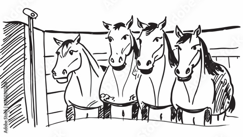 Very beautiful group of horses standing calmly inside a stable, representing equestrian care, rural farming traditions, and the quiet bond between livestock, shelter, and daily farm life.