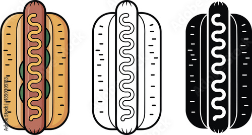 Hot dog silhouette & Outline and illustration set isolated on transparent background