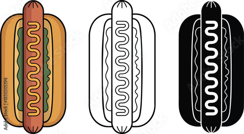 Hot dog silhouette & Outline and illustration set isolated on transparent background