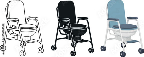 Collection of commode chairs including line art silhouette and color illustration representing medical equipment for elderly care and accessibility