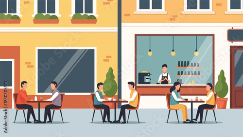 Illustration of people sitting at tables outside a cafe with a barista in the window, in a vibrant urban setting with hanging lights and potted plants.