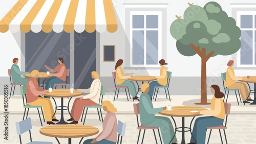 Illustration of people sitting at outdoor cafe tables under a striped awning with a tree in a modern setting.