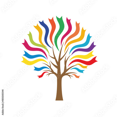 Tree with colorful ribbons as leaves, symbol of linguistic diversity and shared human roots