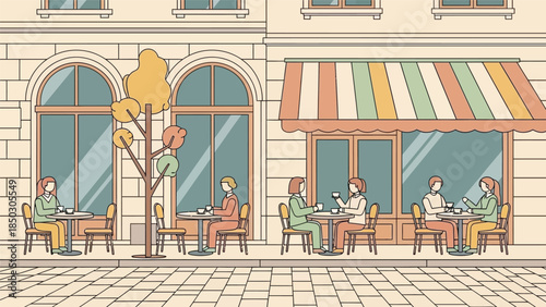 Illustration of people sitting at tables outside a cafe with a striped awning and large windows on a sunny day.