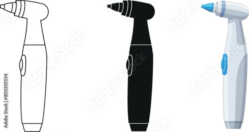 Set of ear wax removal tools including line art silhouette and color illustration for medical or hygiene concepts isolated on white