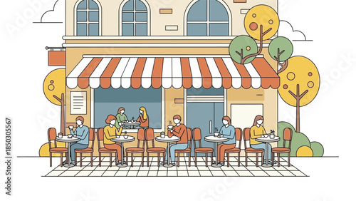 Illustration of people dining at a restaurant with a striped awning and trees outside in a modern setting.