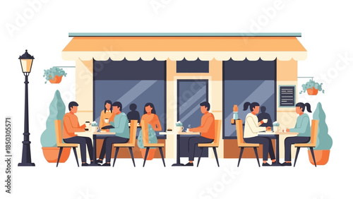 Flat illustration of diverse people dining and socializing at outdoor cafe tables with plants and streetlamp, against a clean white background with a casual and relaxed mood.
