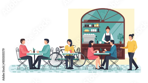 Illustration of diverse people dining and socializing at outdoor cafe tables with a waiter in a casual setting.