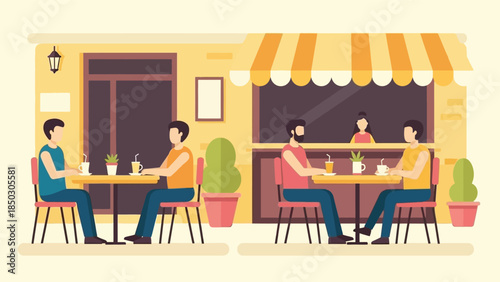 Illustration of people sitting at tables outside a cafe with striped awning and plants, in a colorful cartoon style with a casual and relaxed mood.
