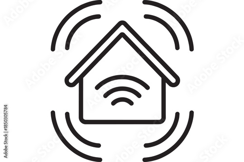 Simple house icon with signal waves ideal for home automation on transparent background silhouette