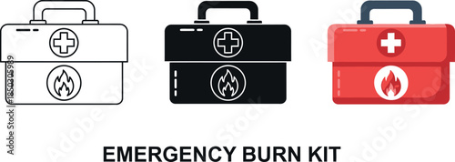 Collection of emergency burn kit icons including outline filled black and red vector illustrations for medical or safety concepts
