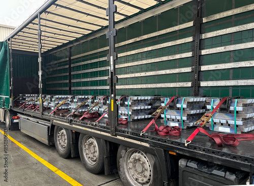 Transportation of Lead Ingots on a Flatbed Truck with Curtain-Side Trailer at an Industrial Warehouse