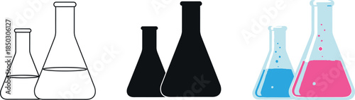 Collection of laboratory flasks in different styles including outline silhouette and colored liquid representing science and research concepts