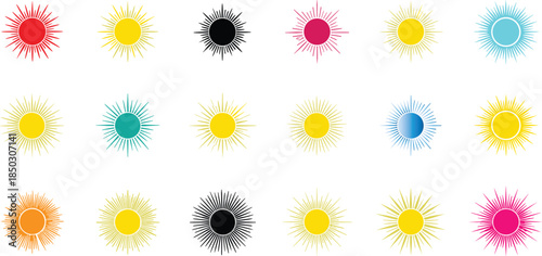 Vector icon set of colorful sunburst symbols, radial spike designs in vibrant tones Vector icon set of colorful sunburst symbols, radial spike designs in vibrant tones