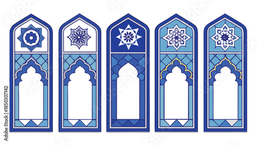 collection of four unique designs featuring different styles of arches and windows, highlighting architectural diversity..eps