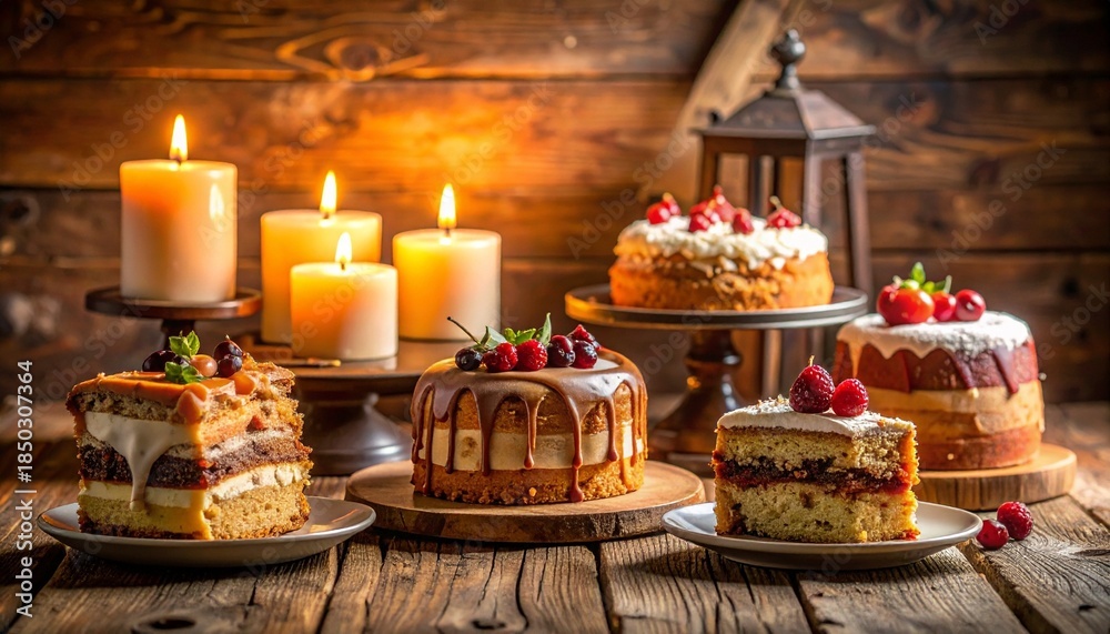 Naklejka premium Rustic wooden table with assorted cakes—frosted layers, fruit toppings, caramel drizzles, candles, and lantern.