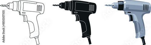 Collection of cordless drill icons in outline silhouette and realistic styles perfect for construction or DIY projects