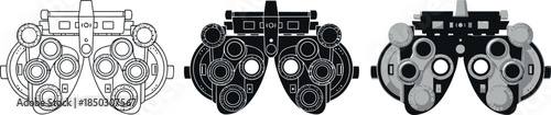 Set of three phoropter icons representing eye examination tools in outline black and grayscale for optometry and vision care concepts