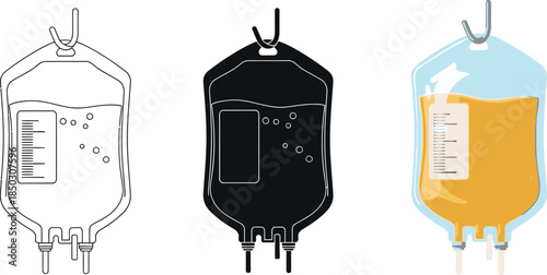 Set of medical infusion bags including outline silhouette and color vector illustrations for healthcare and pharmaceutical concepts isolated on white