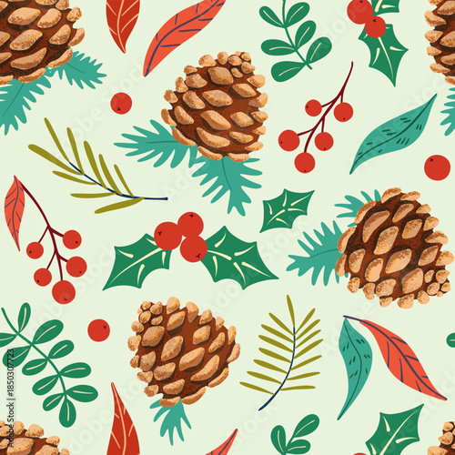 Winter botanical vector seamless pattern. Forest pine cones and seasonal greenery isolated on light green background. Seasonal repeat tile with holly leaves, red berries, twigs, teal and red leaves