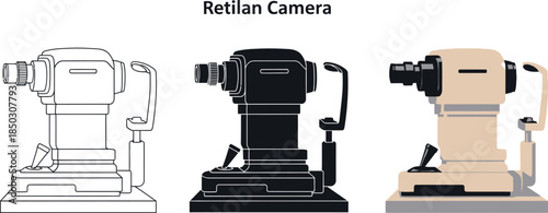 Collection of retinal camera illustrations showing different views and colors for ophthalmology and eye care isolated on white