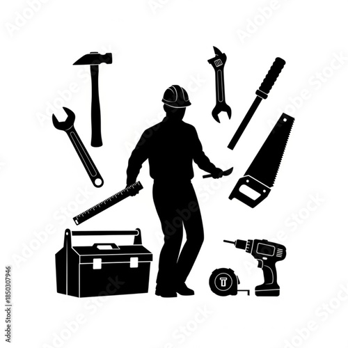 Silhouette of a construction worker with various tools and equipment