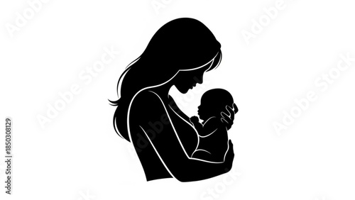 Silhouette of a woman holding a baby in her arms profile view