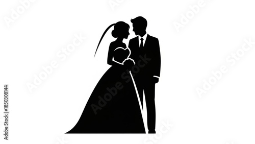 Black silhouette of a romantic couple embracing on their wedding day together