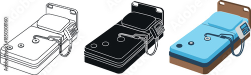 Set of hospital bed icons in outline silhouette and color representing medical care and patient comfort for healthcare design