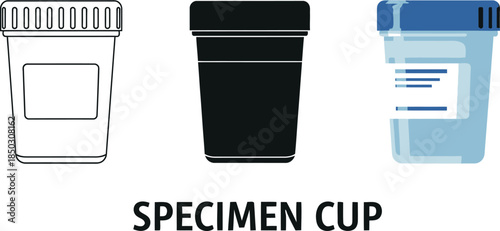 Collection of specimen cups including outline solid black and transparent blue with label for medical testing and laboratory use