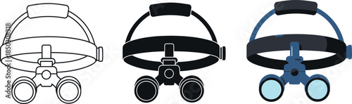 Collection of head-mounted magnifying loupes medical equipment icons in outline black and blue styles isolated on white background