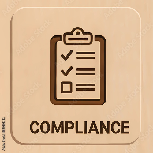 Compliance Checklist Icon on Wooden Background: Brown 3D compliance checklist icon on wood texture, representing standards, legal documentation, and business responsibility concepts.