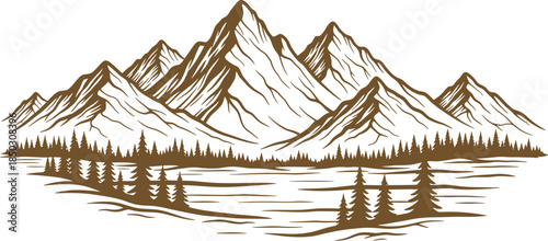 Serene mountain landscape with snow capped peaks and reflection on a white background