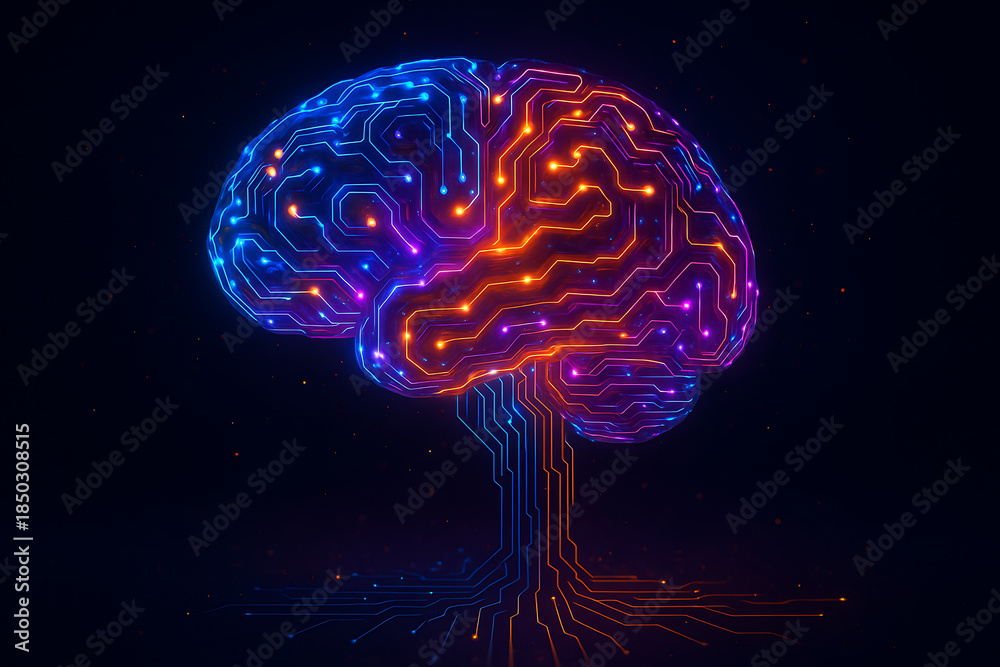 Fototapeta premium Vibrant circuit brain with glowing neon lights