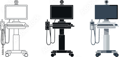 Medical computer cart with monitor keyboard and camera flat design icons for healthcare technology and telemedicine isolated on white