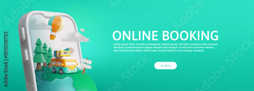 3d banner with mobile phone, bus with suitcase, earth, hot air balloon and clouds.