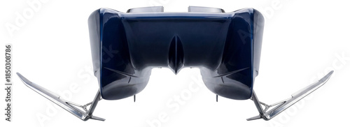 Sleek catamaran featuring a narrow design and prominent hydrofoil wings.