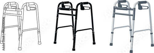 Collection of walker icons in outline black and silver styles representing mobility assistance and healthcare isolated on white