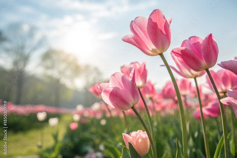 Obraz premium Beautiful pink tulips on blurred spring sunny background. 