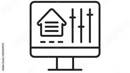 Minimalist monitor with house and sliders icon ideal for design on transparent background silhouette