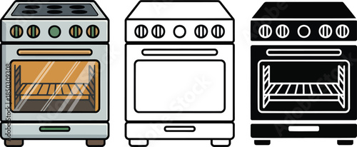 Oven silhouette & Outline and illustration set isolated on transparent background