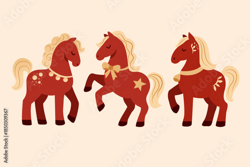 new year set of three red horses in cartoon style. vector collection of three red horses