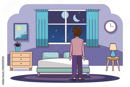 Lonely Man Standing in Bedroom at Night, Insomnia and Anxiety Illustration