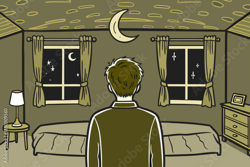 Man Standing in Bedroom at Night, Loneliness and Insomnia Illustration