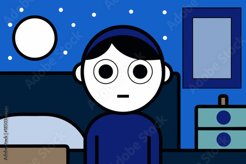 Lonely Child Awake at Night, Insomnia and Anxiety Illustration