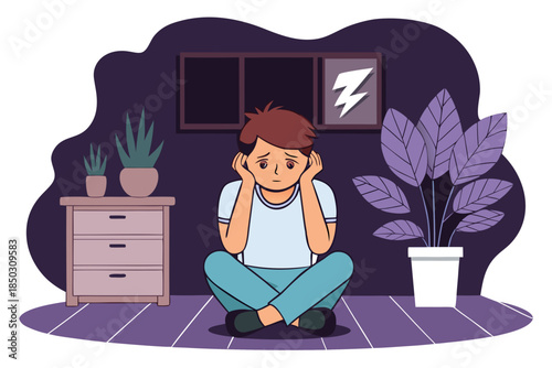 Anxious Person Sitting on Floor, Loneliness and Stress Illustration