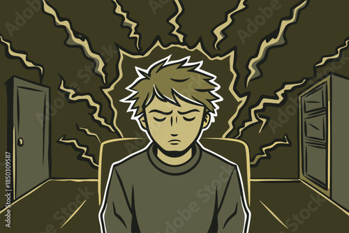 Anxiety and Mental Pressure in Bedroom, Emotional Stress Illustration