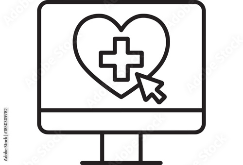 Heart health monitor on screen with a medical cross on transparent background silhouette