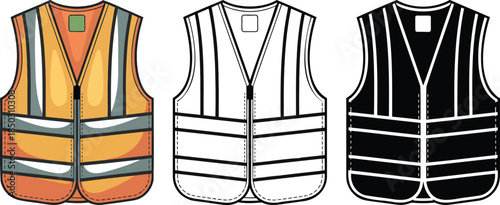 Safety vest silhouette & Outline and illustration set isolated on transparent background